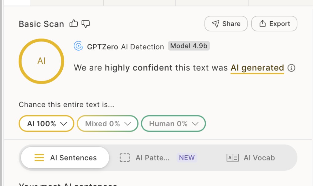 GPTZero scan reporting 100% AI generated text