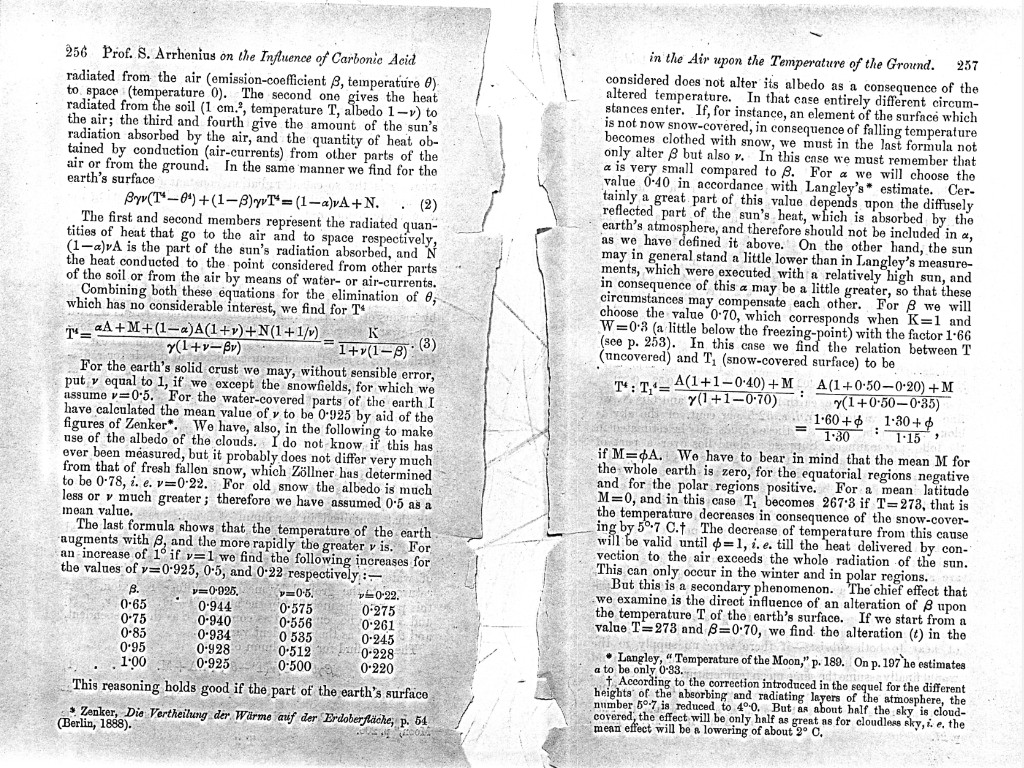 Pages 256–257 of Arrhenius 1896 paper on carbonic acid and ground temperature, showing radiation-balance equations