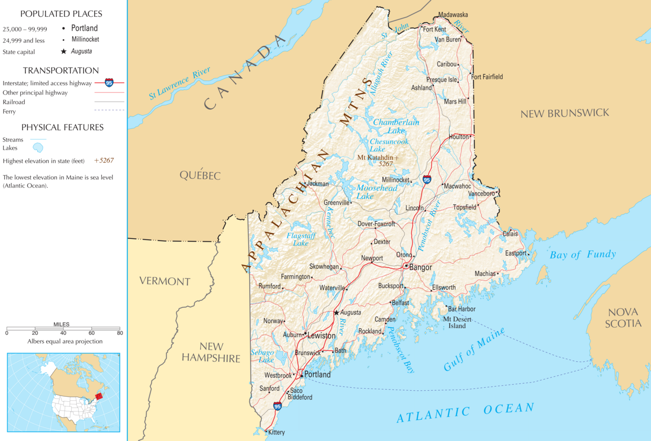 National Atlas map of Maine showing peninsulas and coastline